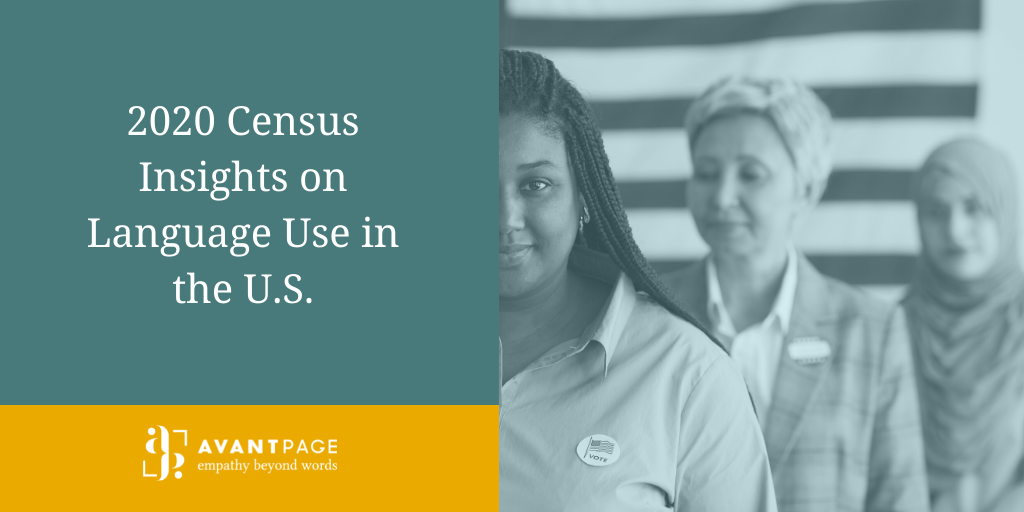 Title image reading 2020 census insights on language use in the U.S. with an image of 3 women and the Avantpage Logo